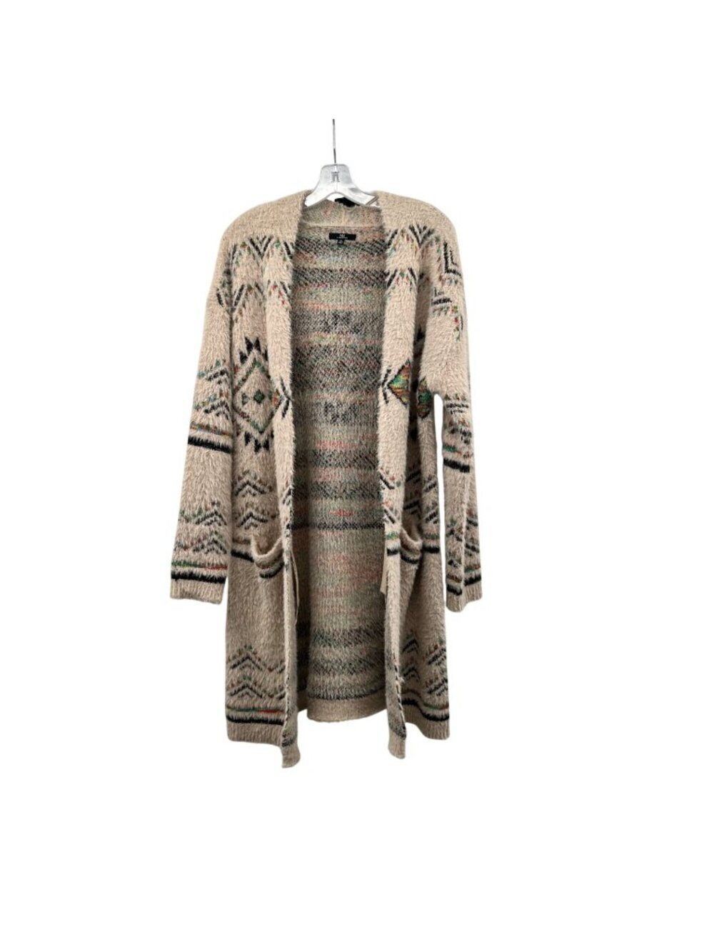 MM by My Michelle Faux Fur Duster Cardigan Open Aztec Print Beige/Multi XL
